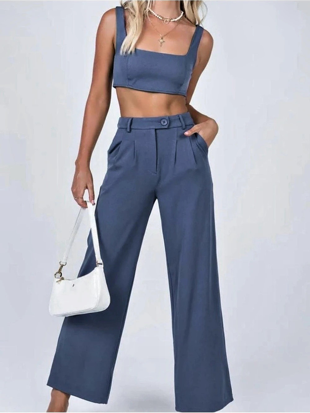 Princess Polly Blue Wide Leg Two-Piece Set size 6 Like New